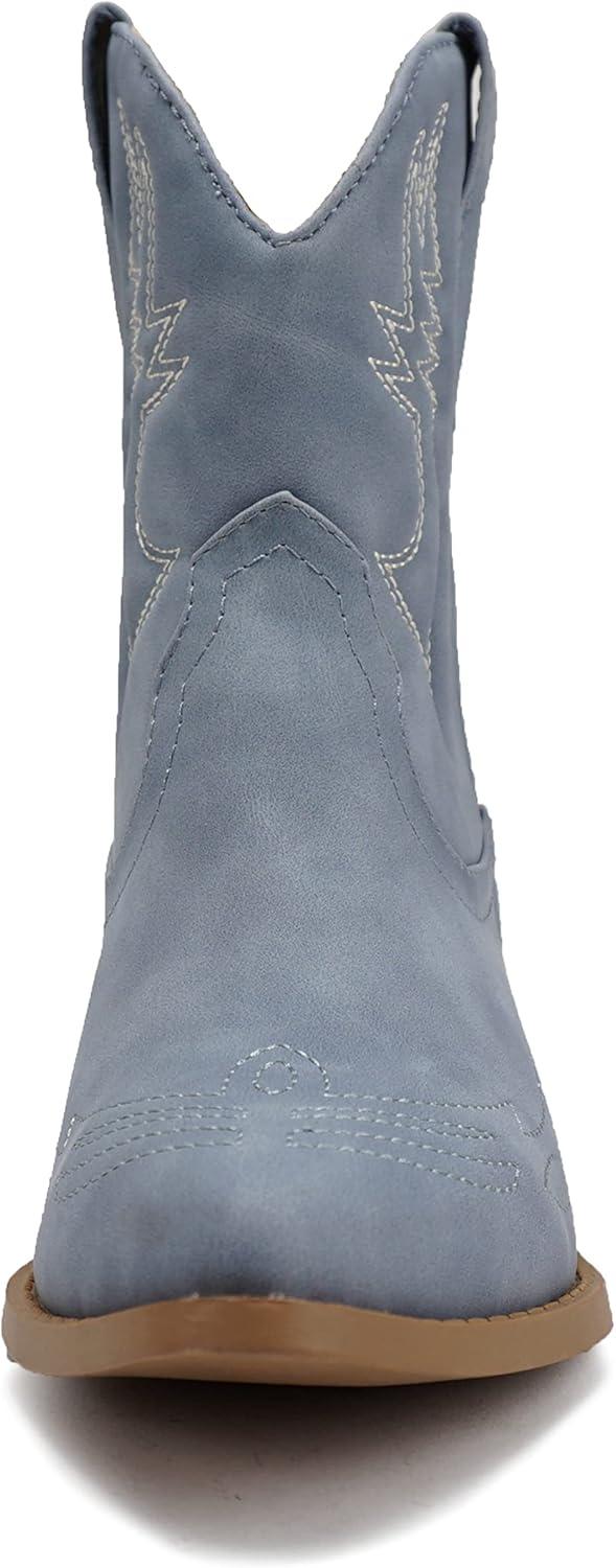 imageSoda RIGGING  Women Western Stitched Pointe Toe Low Heel Ankle Mid Shaft BootsDublue Nubuck