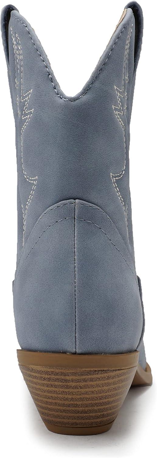 imageSoda RIGGING  Women Western Stitched Pointe Toe Low Heel Ankle Mid Shaft BootsDublue Nubuck
