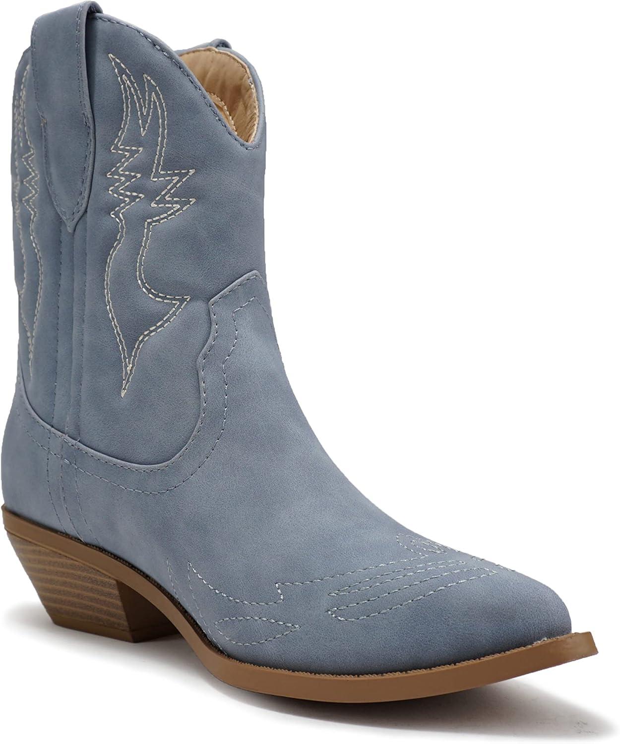 imageSoda RIGGING  Women Western Stitched Pointe Toe Low Heel Ankle Mid Shaft BootsDublue Nubuck