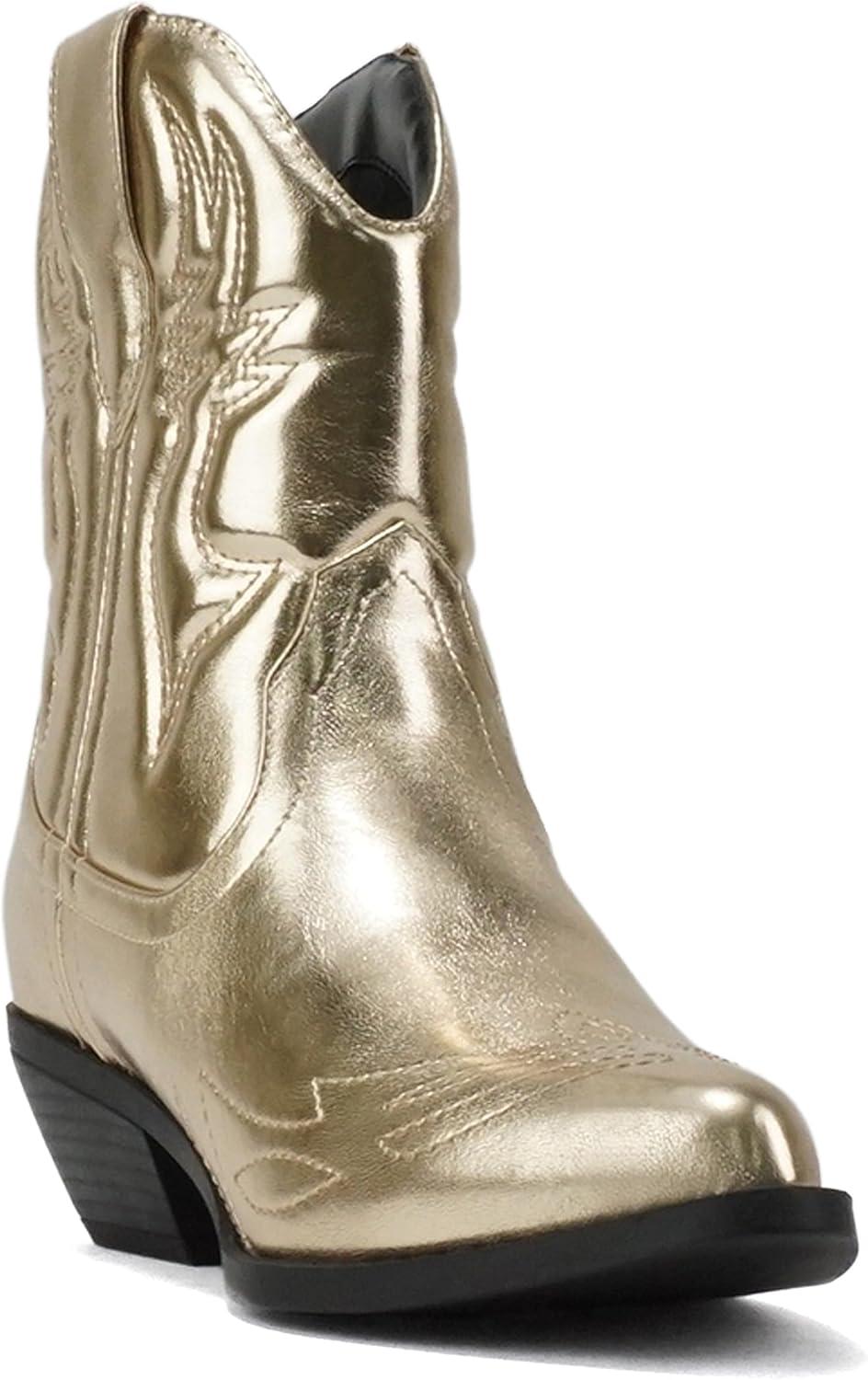 imageSoda RIGGING  Women Western Stitched Pointe Toe Low Heel Ankle Mid Shaft BootsGold Pu