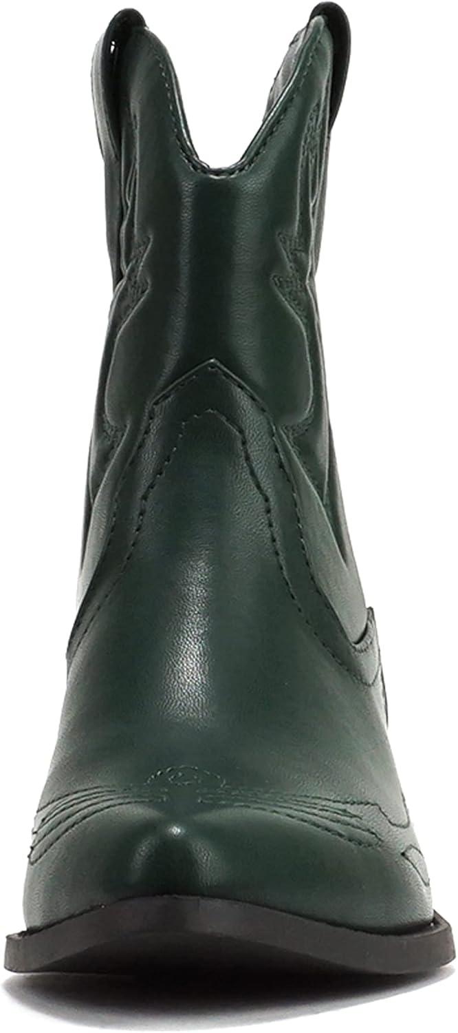 imageSoda RIGGING  Women Western Stitched Pointe Toe Low Heel Ankle Mid Shaft BootsGreen Pu