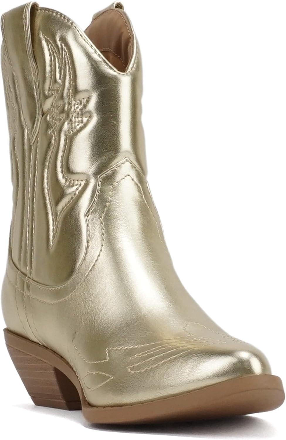imageSoda RIGGING  Women Western Stitched Pointe Toe Low Heel Ankle Mid Shaft BootsLight Gold Metallic