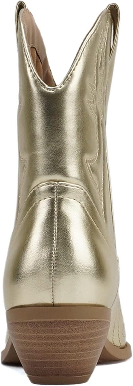 imageSoda RIGGING  Women Western Stitched Pointe Toe Low Heel Ankle Mid Shaft BootsLight Gold Metallic