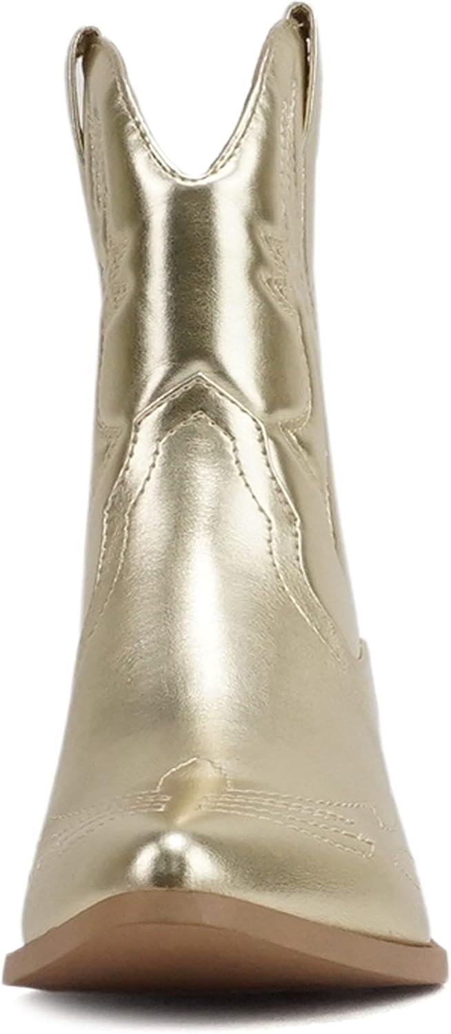 imageSoda RIGGING  Women Western Stitched Pointe Toe Low Heel Ankle Mid Shaft BootsLight Gold Metallic