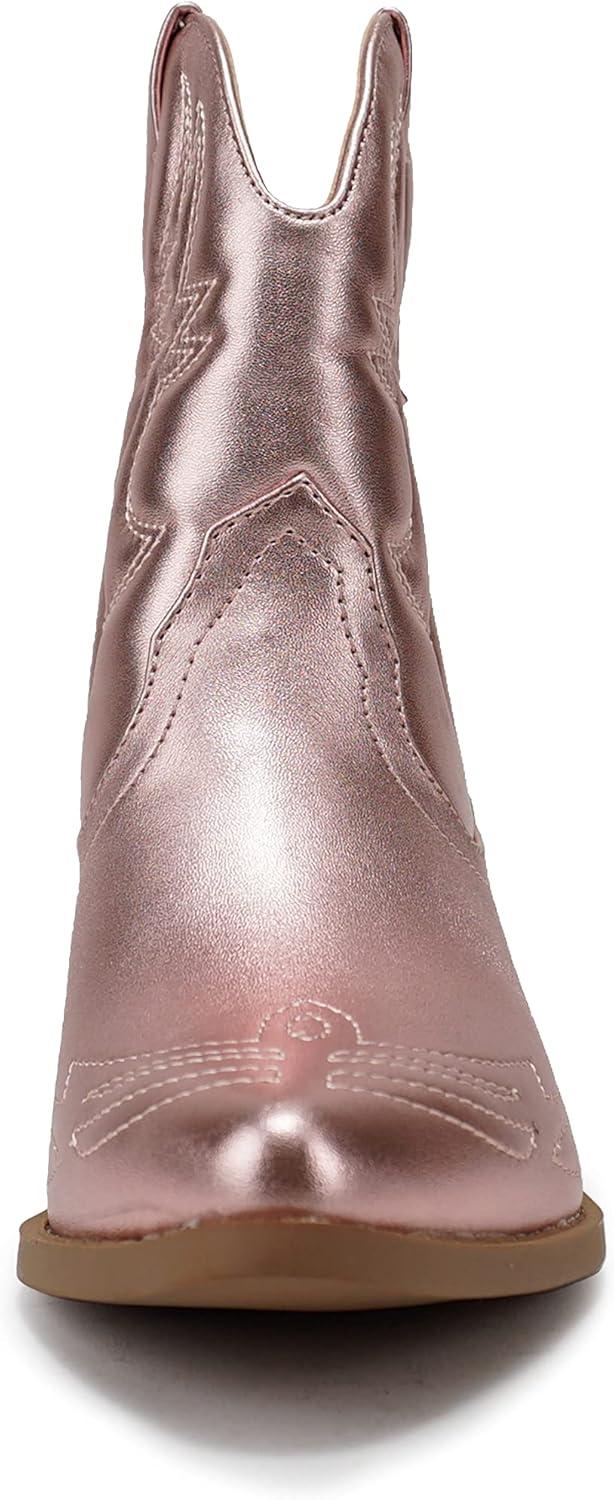 imageSoda RIGGING  Women Western Stitched Pointe Toe Low Heel Ankle Mid Shaft BootsLtpink Metallic