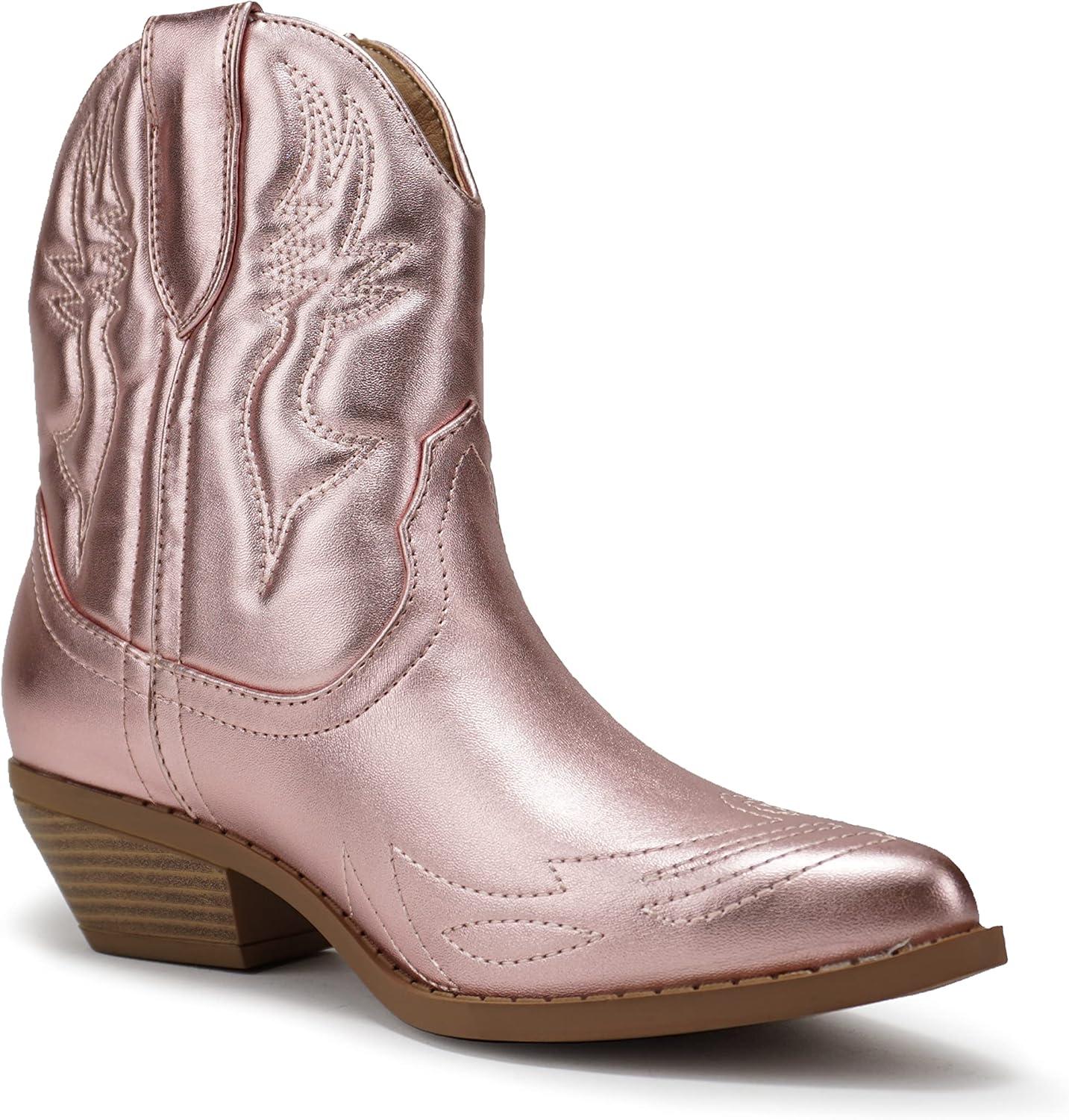 imageSoda RIGGING  Women Western Stitched Pointe Toe Low Heel Ankle Mid Shaft BootsLtpink Metallic