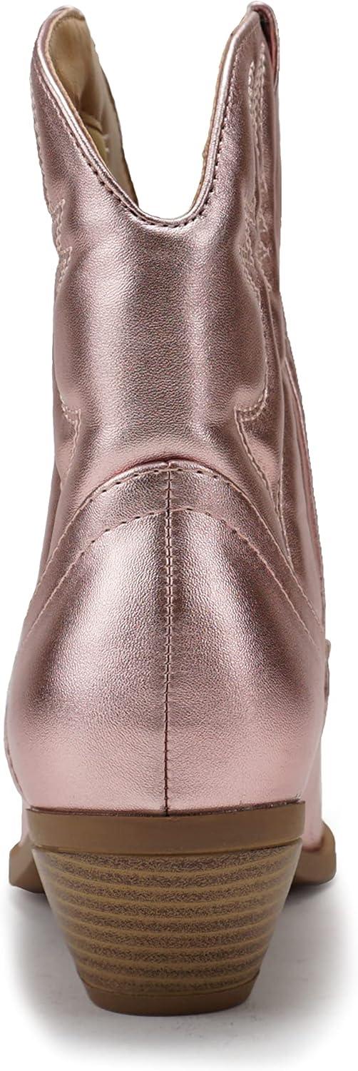 imageSoda RIGGING  Women Western Stitched Pointe Toe Low Heel Ankle Mid Shaft BootsLtpink Metallic