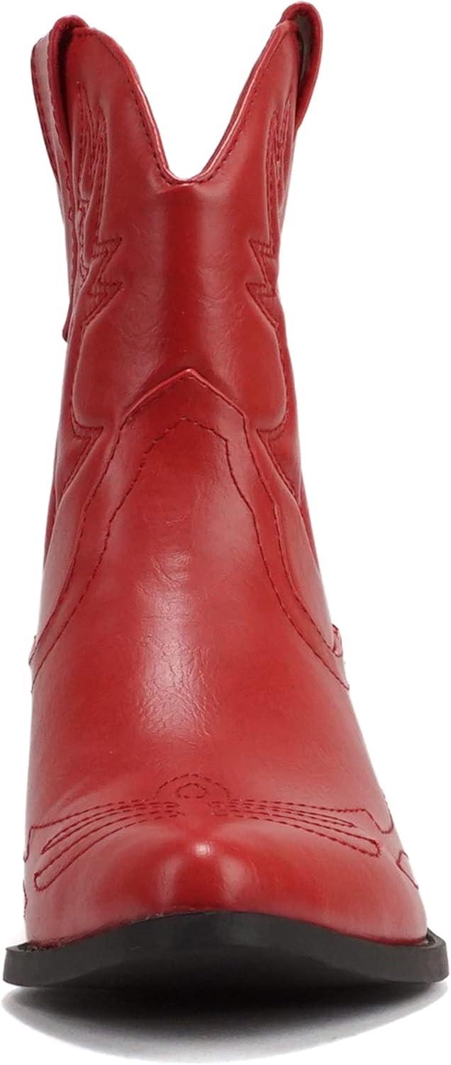 imageSoda RIGGING  Women Western Stitched Pointe Toe Low Heel Ankle Mid Shaft BootsRed Pu