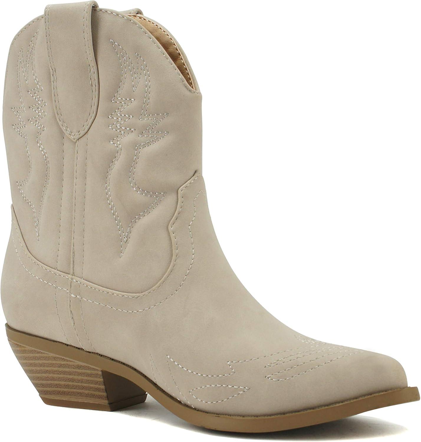 imageSoda RIGGING  Women Western Stitched Pointe Toe Low Heel Ankle Mid Shaft BootsSand Nubuck