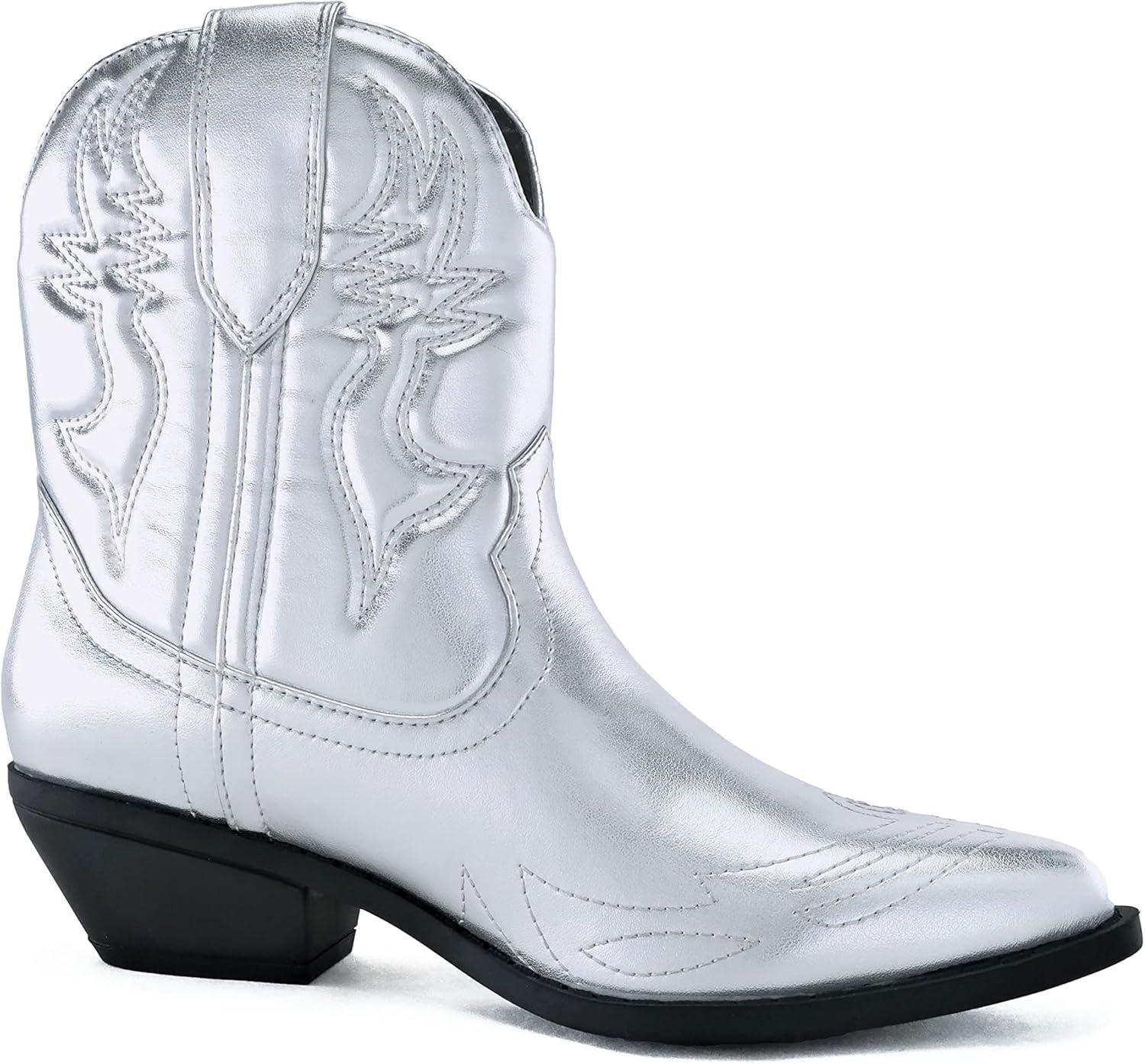 imageSoda RIGGING  Women Western Stitched Pointe Toe Low Heel Ankle Mid Shaft BootsSilver