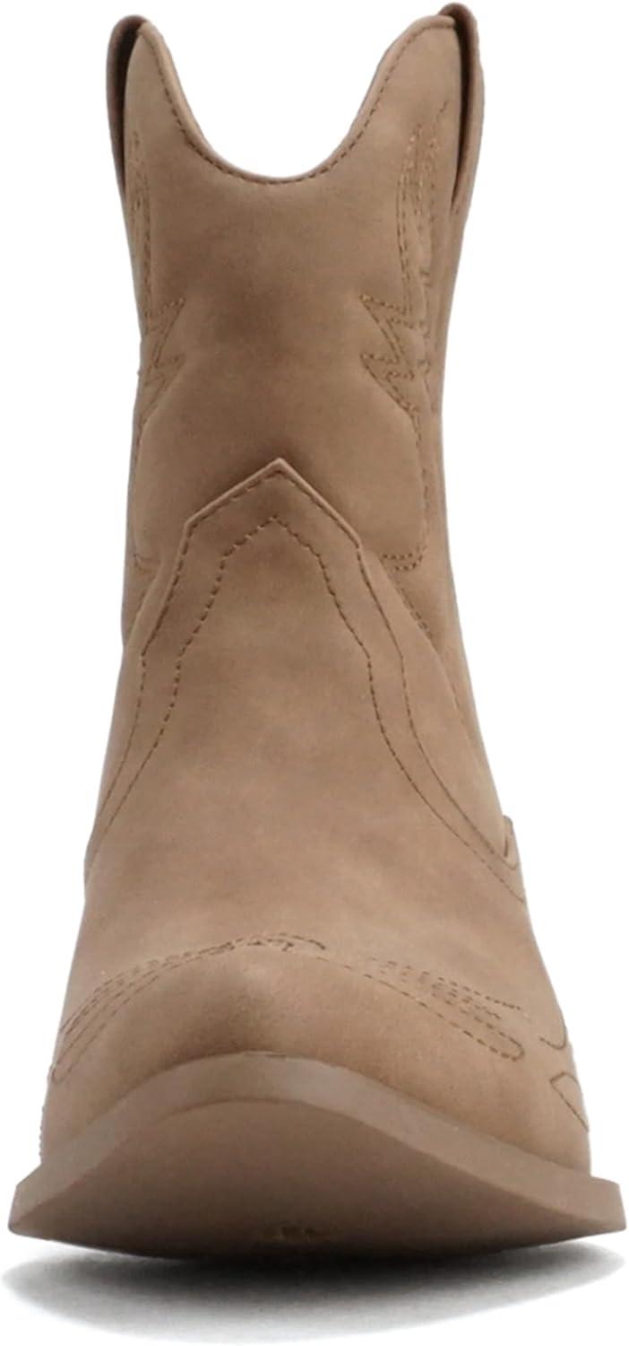 imageSoda RIGGING  Women Western Stitched Pointe Toe Low Heel Ankle Mid Shaft BootsTaupe Nubuck
