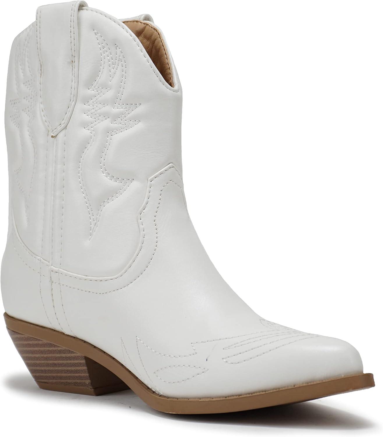 imageSoda RIGGING  Women Western Stitched Pointe Toe Low Heel Ankle Mid Shaft BootsWhite