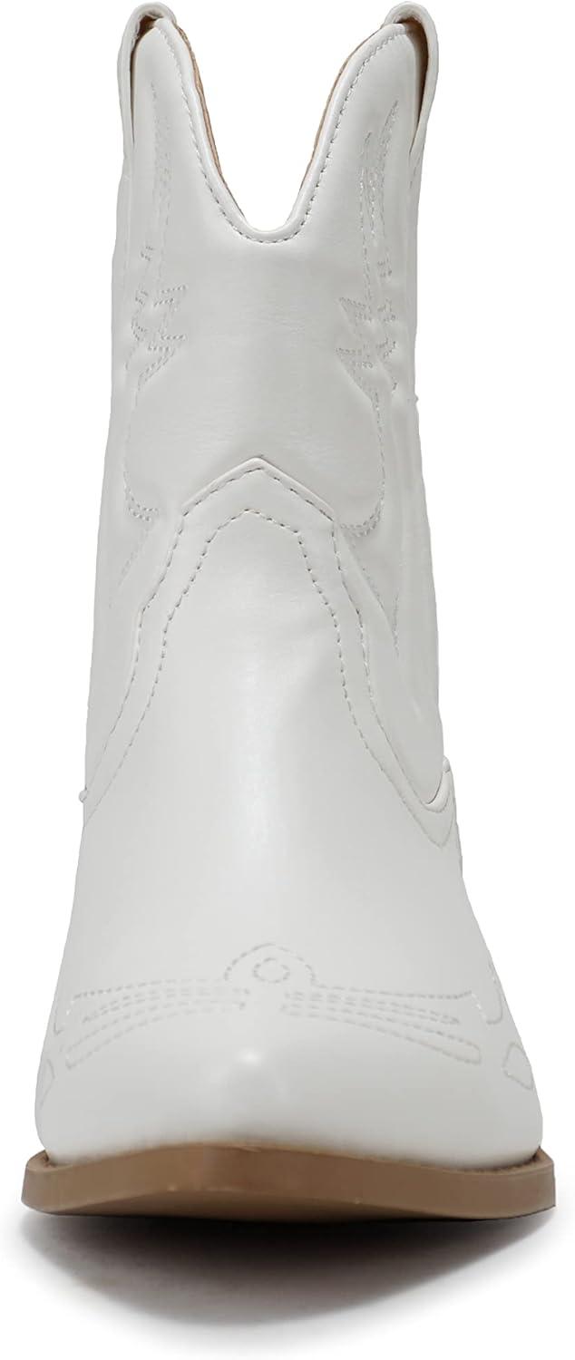 imageSoda RIGGING  Women Western Stitched Pointe Toe Low Heel Ankle Mid Shaft BootsWhite