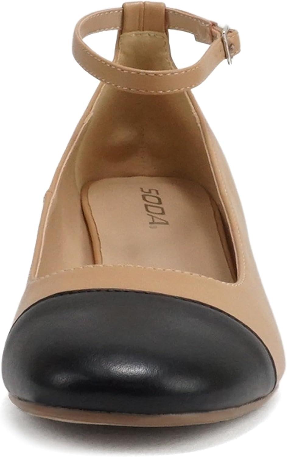 imageSoda Roxana  Women Round Cap Toe Low Block Heel Pump Shoe with Adjustable Ankle StrapCamel PuBlack
