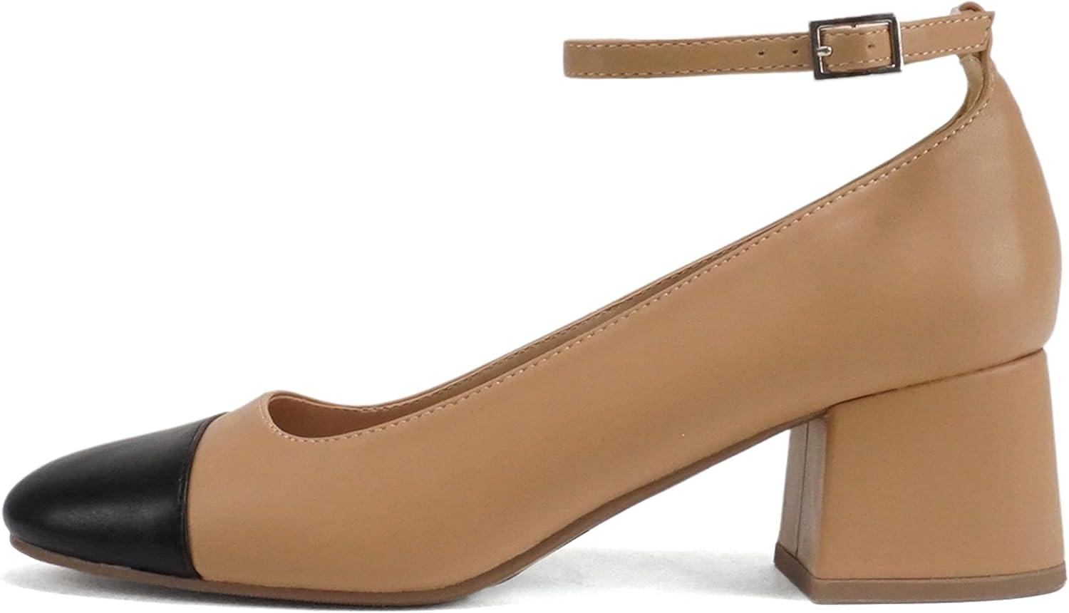 imageSoda Roxana  Women Round Cap Toe Low Block Heel Pump Shoe with Adjustable Ankle StrapCamel PuBlack