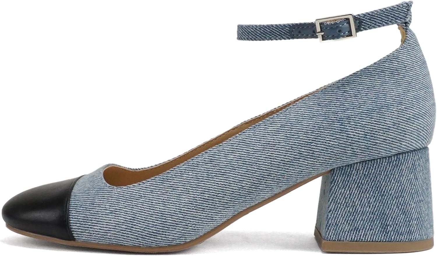 imageSoda Roxana  Women Round Cap Toe Low Block Heel Pump Shoe with Adjustable Ankle StrapDenim BlueBlack