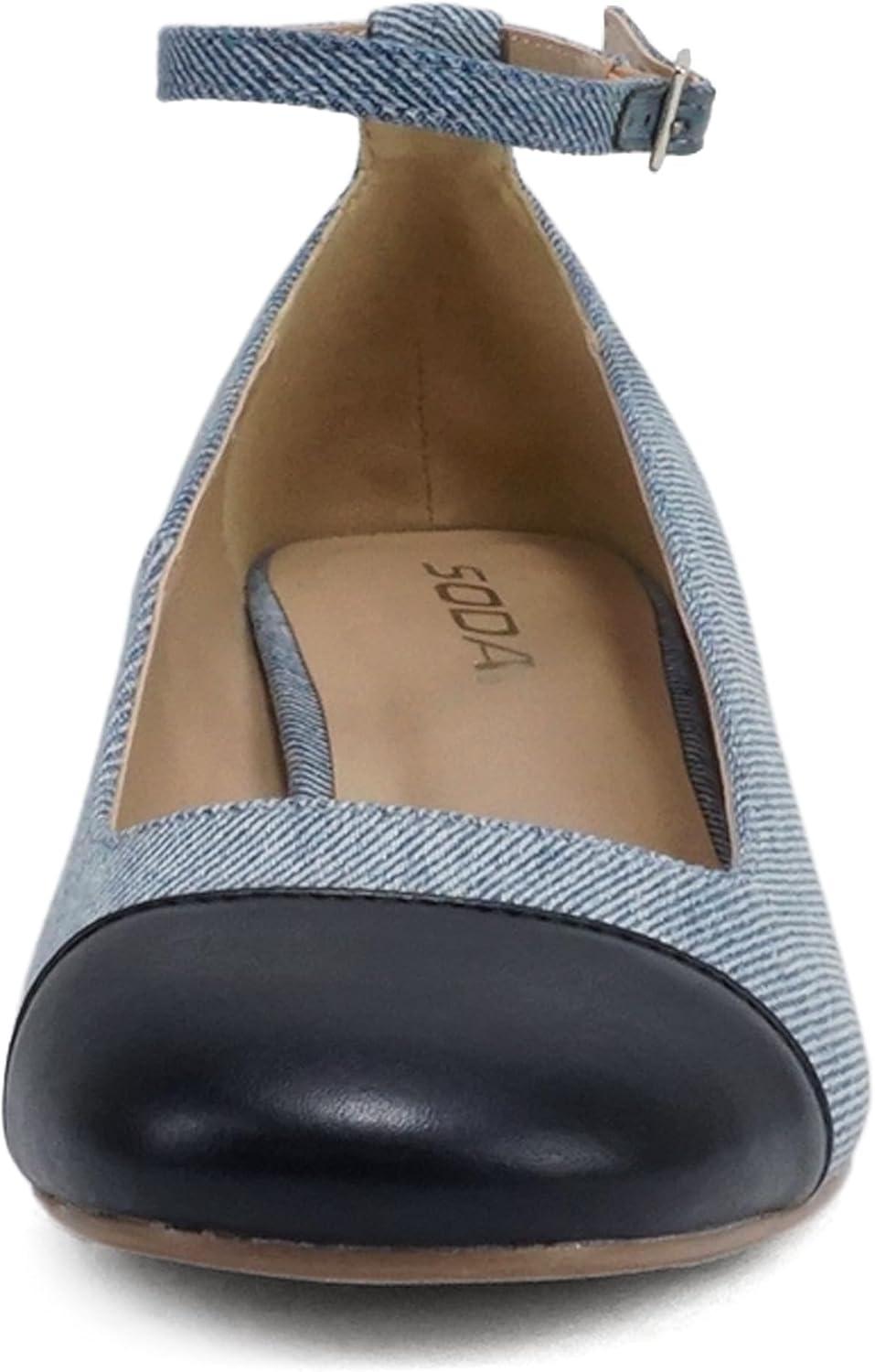 imageSoda Roxana  Women Round Cap Toe Low Block Heel Pump Shoe with Adjustable Ankle StrapDenim BlueBlack