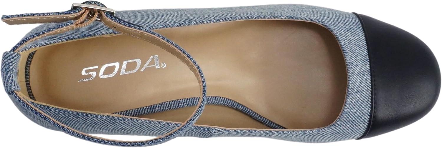 imageSoda Roxana  Women Round Cap Toe Low Block Heel Pump Shoe with Adjustable Ankle StrapDenim BlueBlack