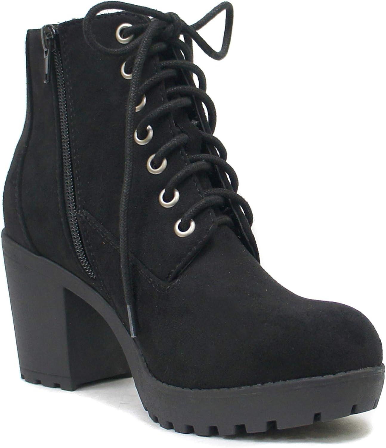 imageSoda Second Lug Sole Chunky Heel Combat Ankle Bootie Lace up wSide ZipperBlack Imitation Suede