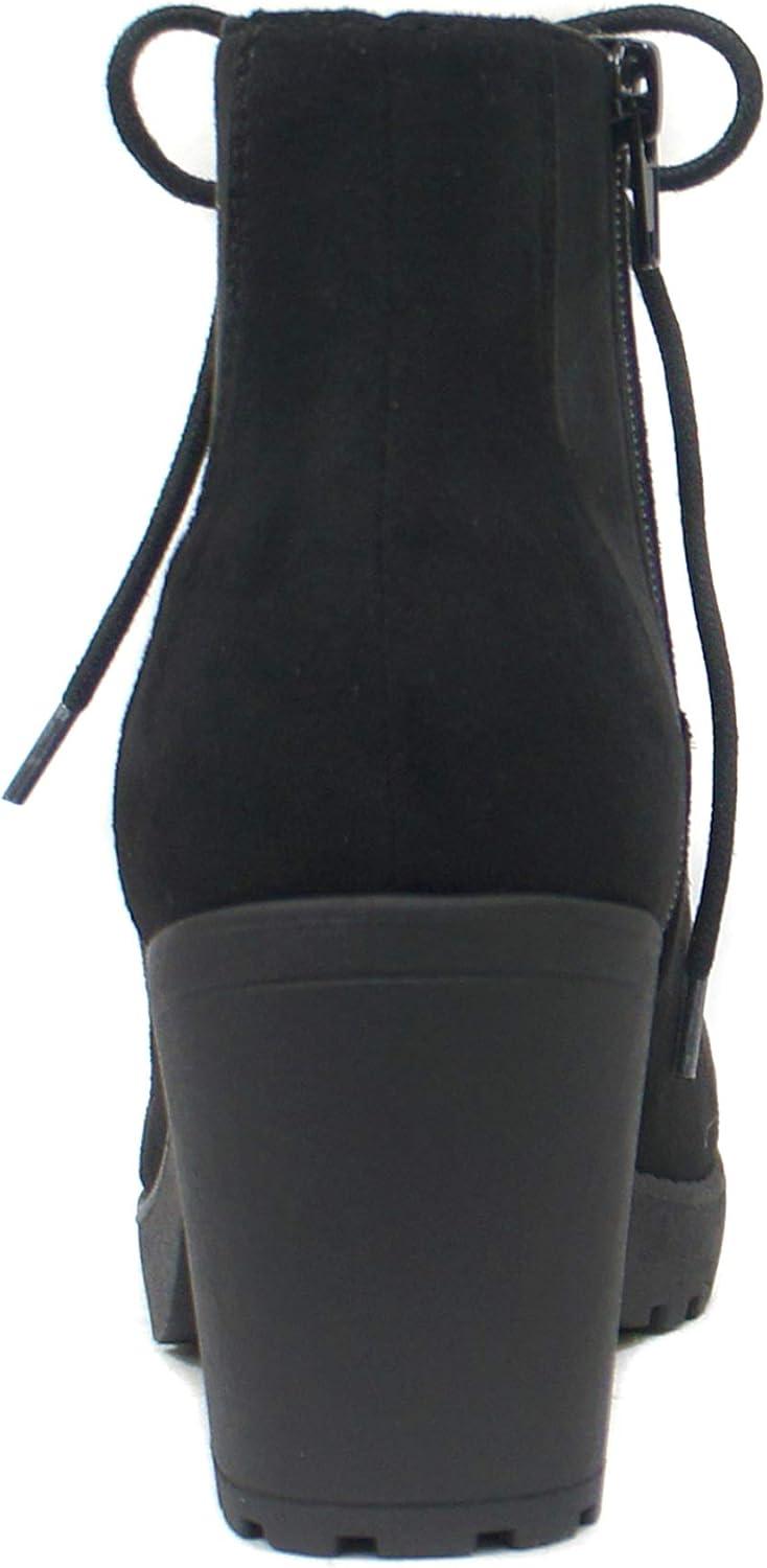 imageSoda Second Lug Sole Chunky Heel Combat Ankle Bootie Lace up wSide ZipperBlack Imitation Suede