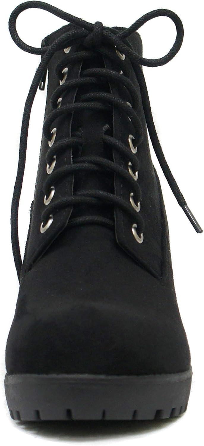 imageSoda Second Lug Sole Chunky Heel Combat Ankle Bootie Lace up wSide ZipperBlack Imitation Suede