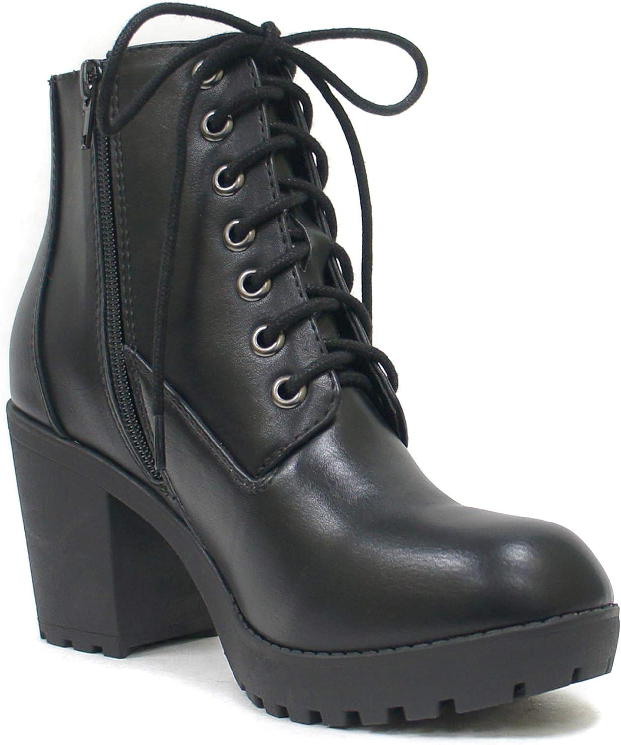 imageSoda Second Lug Sole Chunky Heel Combat Ankle Bootie Lace up wSide ZipperBlack Pu