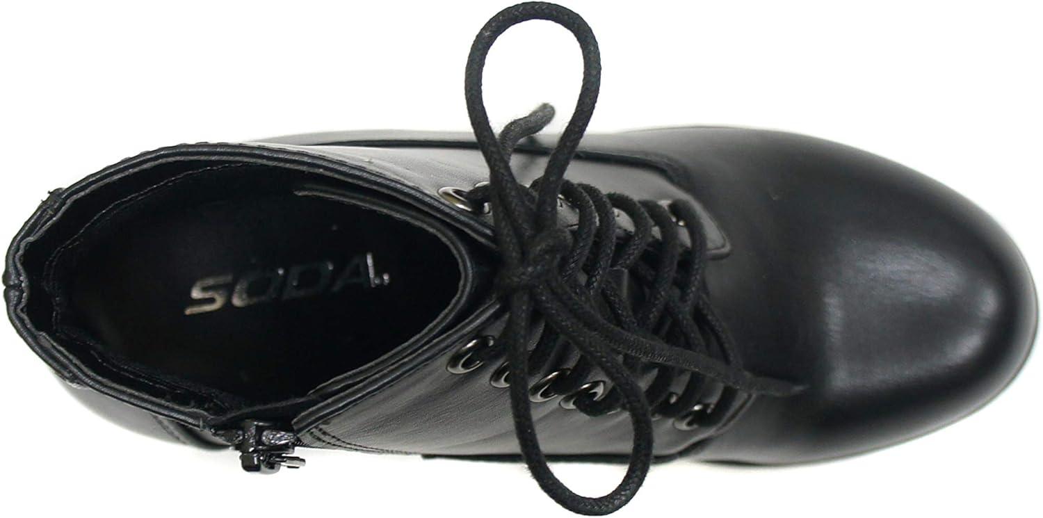 imageSoda Second Lug Sole Chunky Heel Combat Ankle Bootie Lace up wSide ZipperBlack Pu