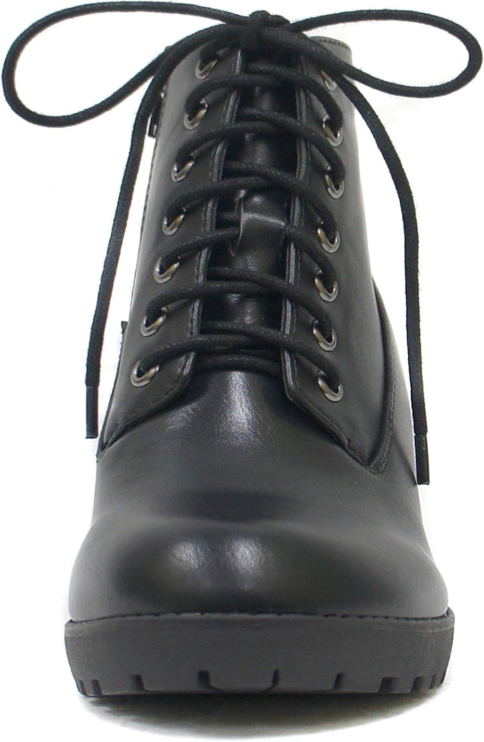 imageSoda Second Lug Sole Chunky Heel Combat Ankle Bootie Lace up wSide ZipperBlack Pu