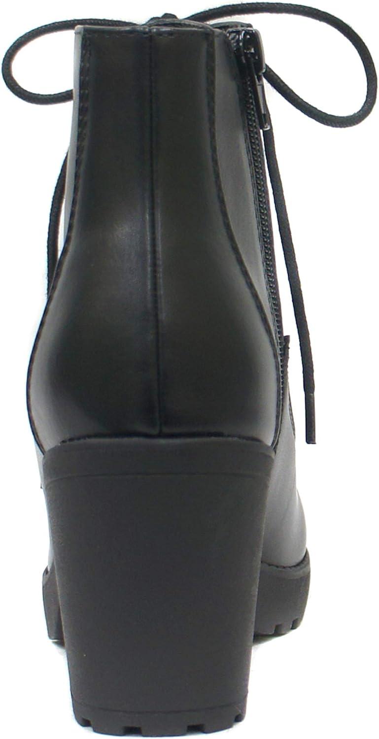 imageSoda Second Lug Sole Chunky Heel Combat Ankle Bootie Lace up wSide ZipperBlack Pu