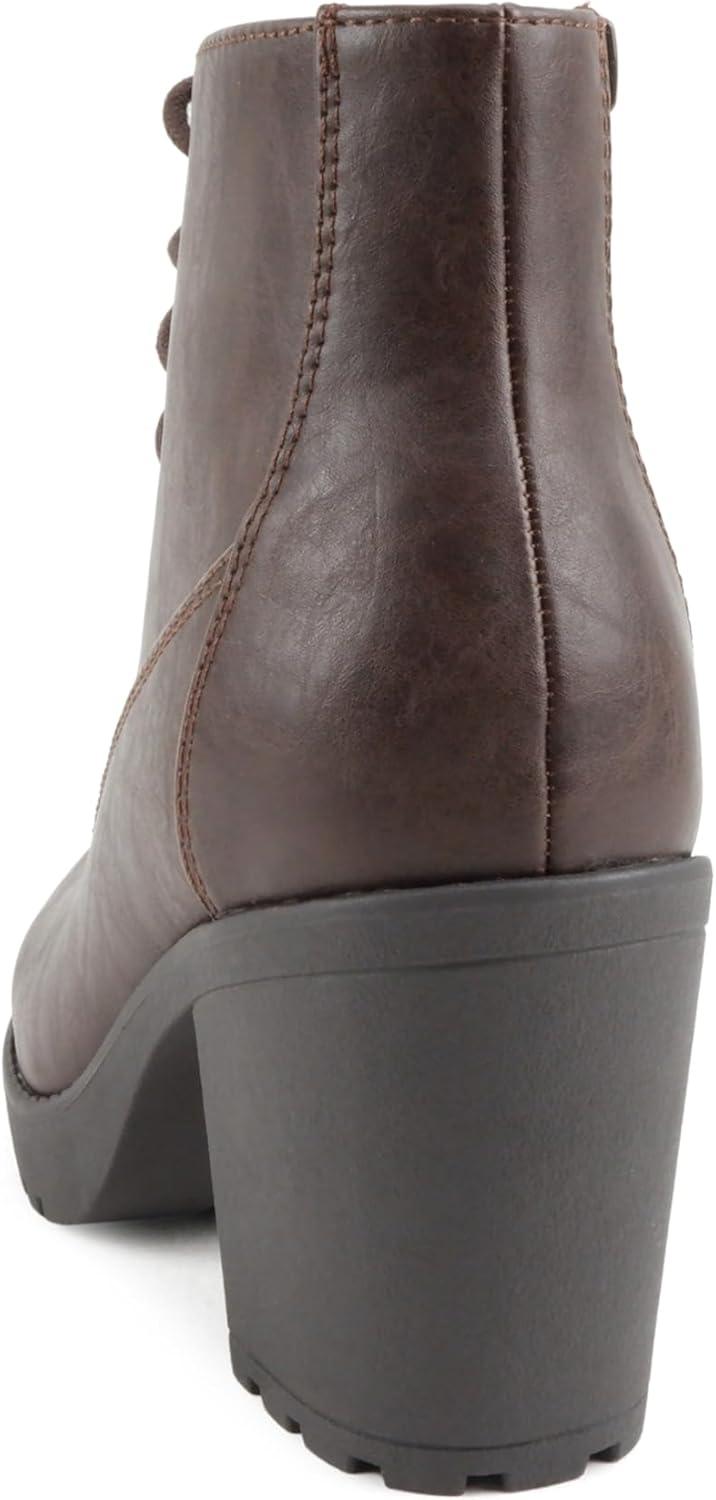 imageSoda Second Lug Sole Chunky Heel Combat Ankle Bootie Lace up wSide ZipperBrown Pu