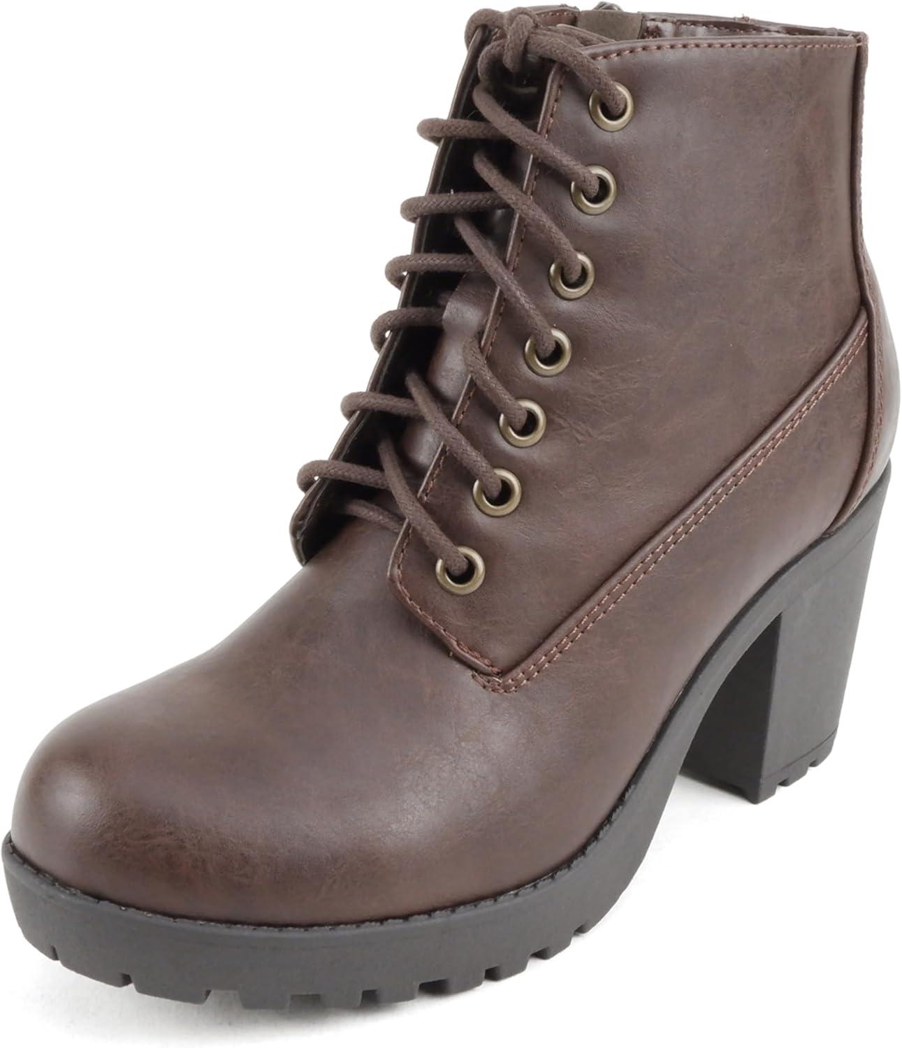 imageSoda Second Lug Sole Chunky Heel Combat Ankle Bootie Lace up wSide ZipperBrown Pu