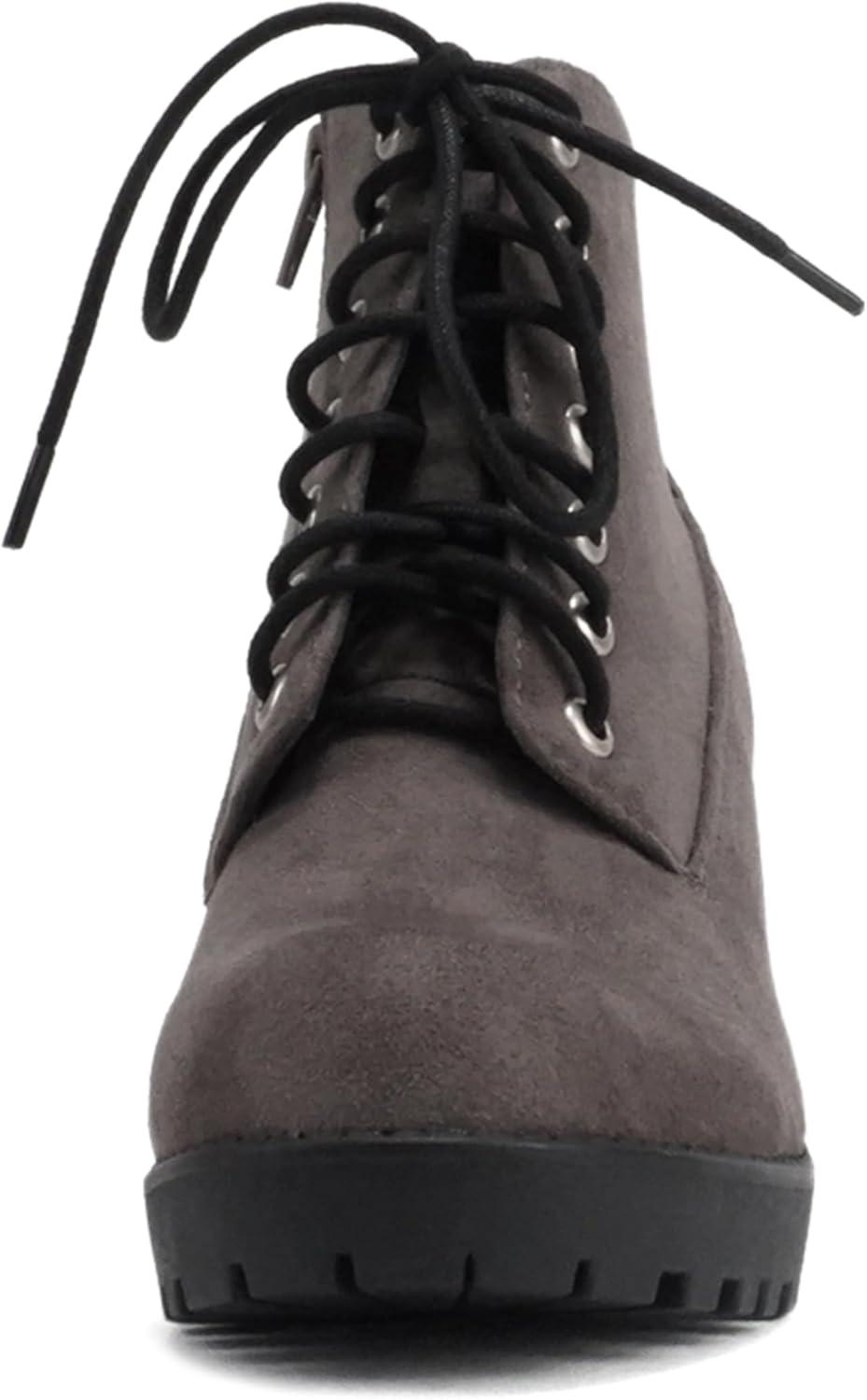imageSoda Second Lug Sole Chunky Heel Combat Ankle Bootie Lace up wSide ZipperCharcoal Grey Suede