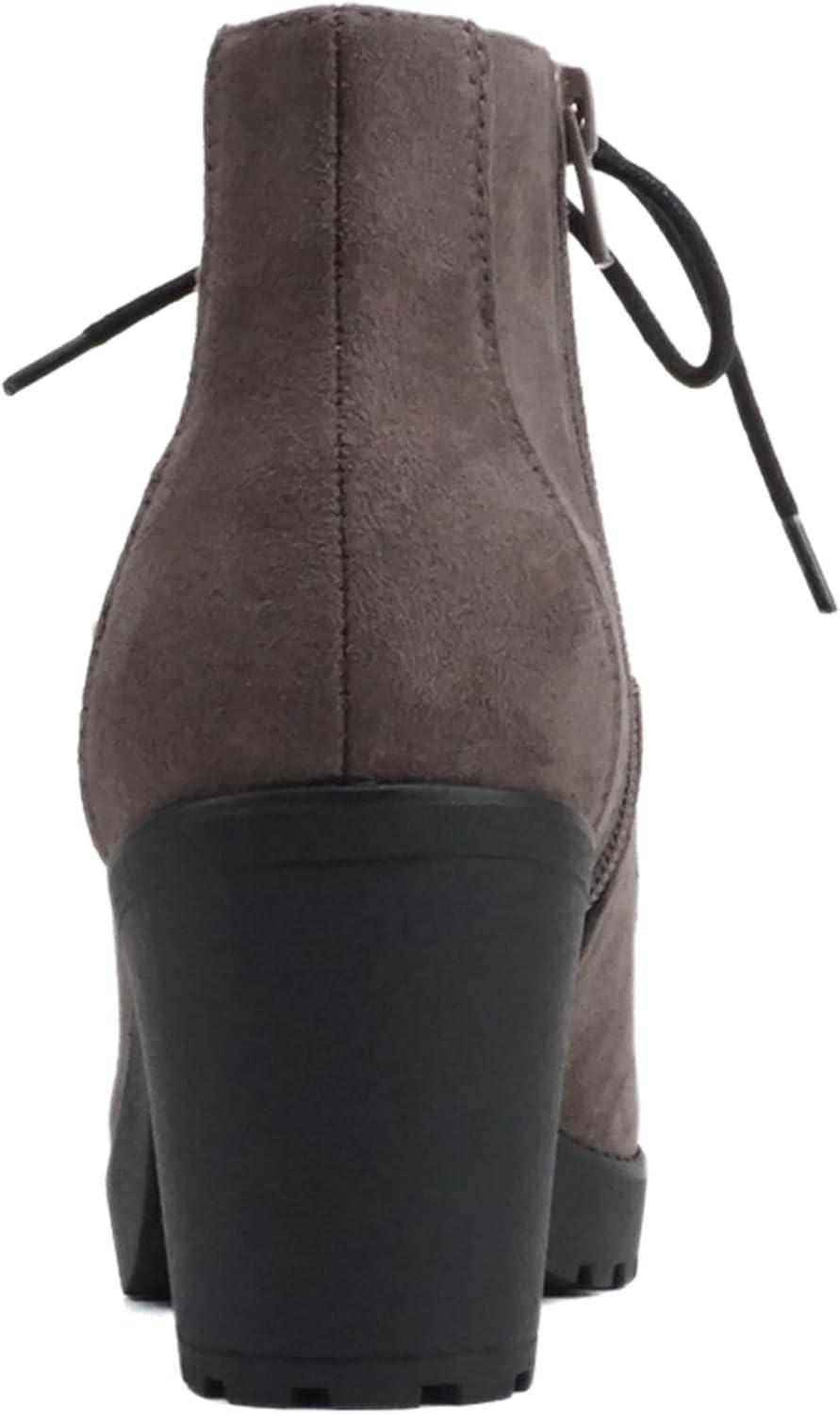 imageSoda Second Lug Sole Chunky Heel Combat Ankle Bootie Lace up wSide ZipperCharcoal Grey Suede