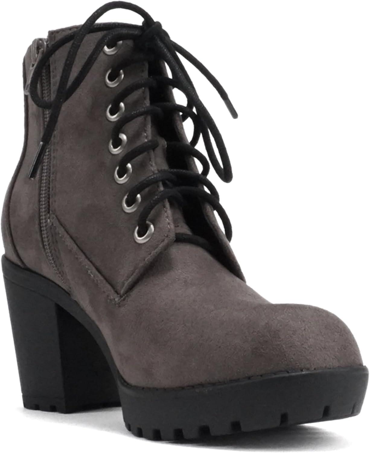 imageSoda Second Lug Sole Chunky Heel Combat Ankle Bootie Lace up wSide ZipperCharcoal Grey Suede
