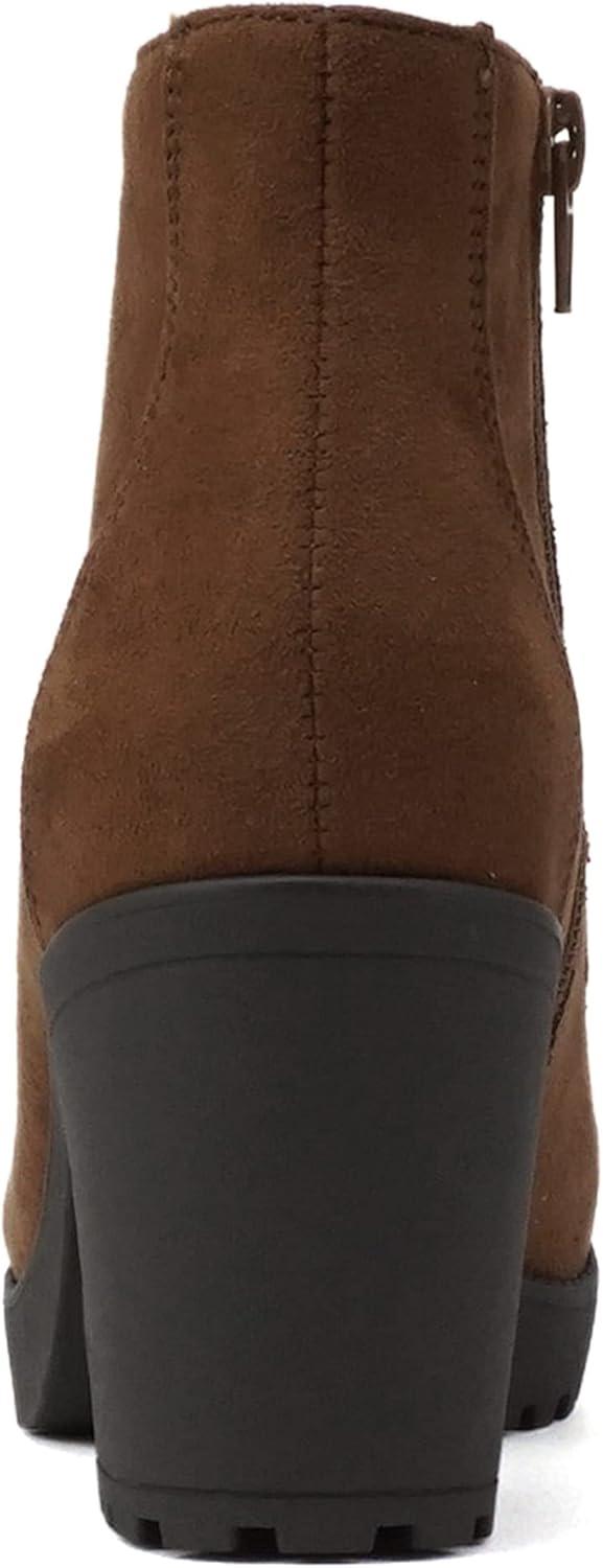 imageSoda Second Lug Sole Chunky Heel Combat Ankle Bootie Lace up wSide ZipperChestnut Imitation Suede