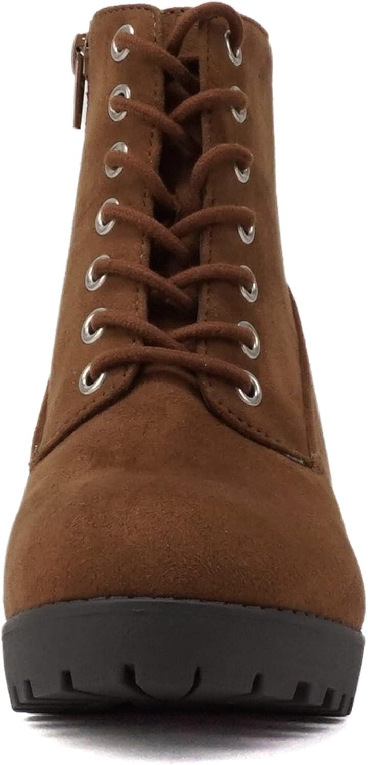 imageSoda Second Lug Sole Chunky Heel Combat Ankle Bootie Lace up wSide ZipperChestnut Imitation Suede