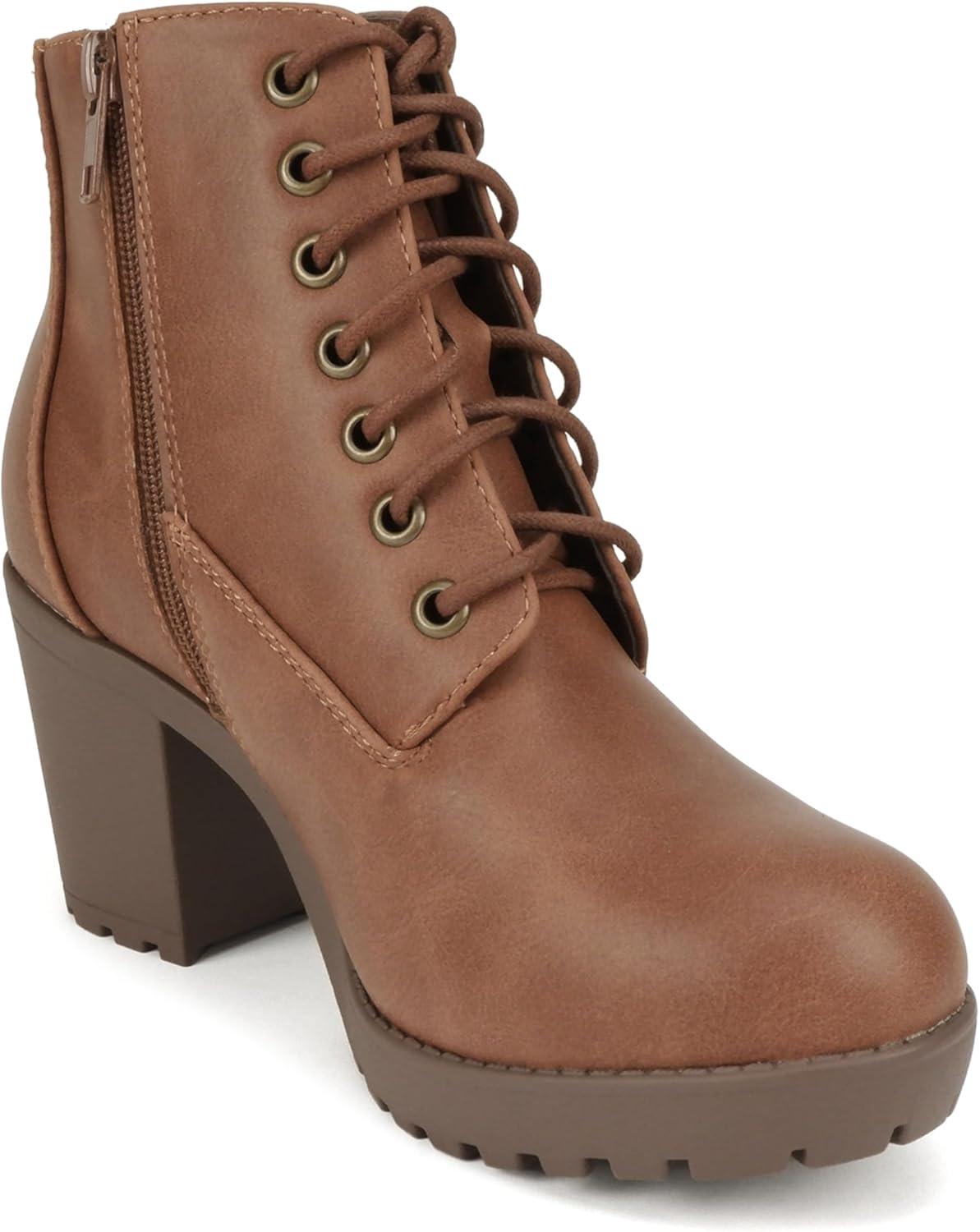 imageSoda Second Lug Sole Chunky Heel Combat Ankle Bootie Lace up wSide ZipperCognac Pu