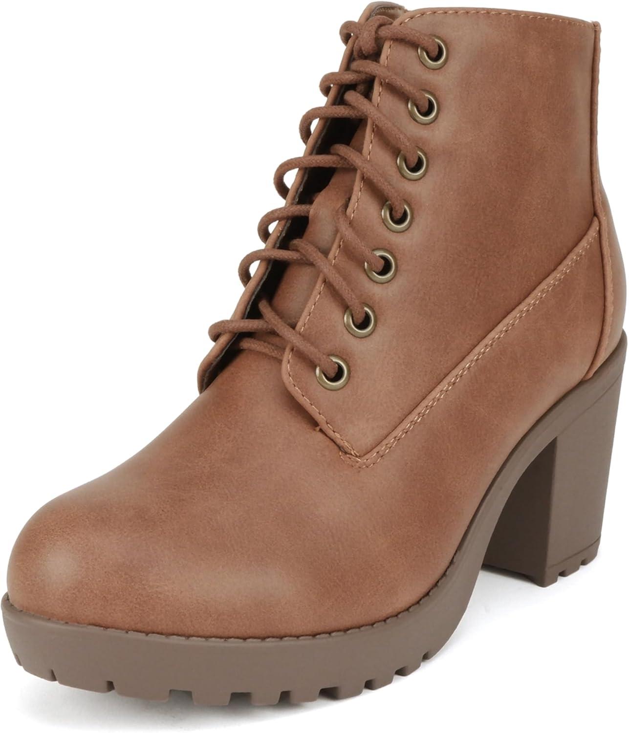 imageSoda Second Lug Sole Chunky Heel Combat Ankle Bootie Lace up wSide ZipperCognac Pu