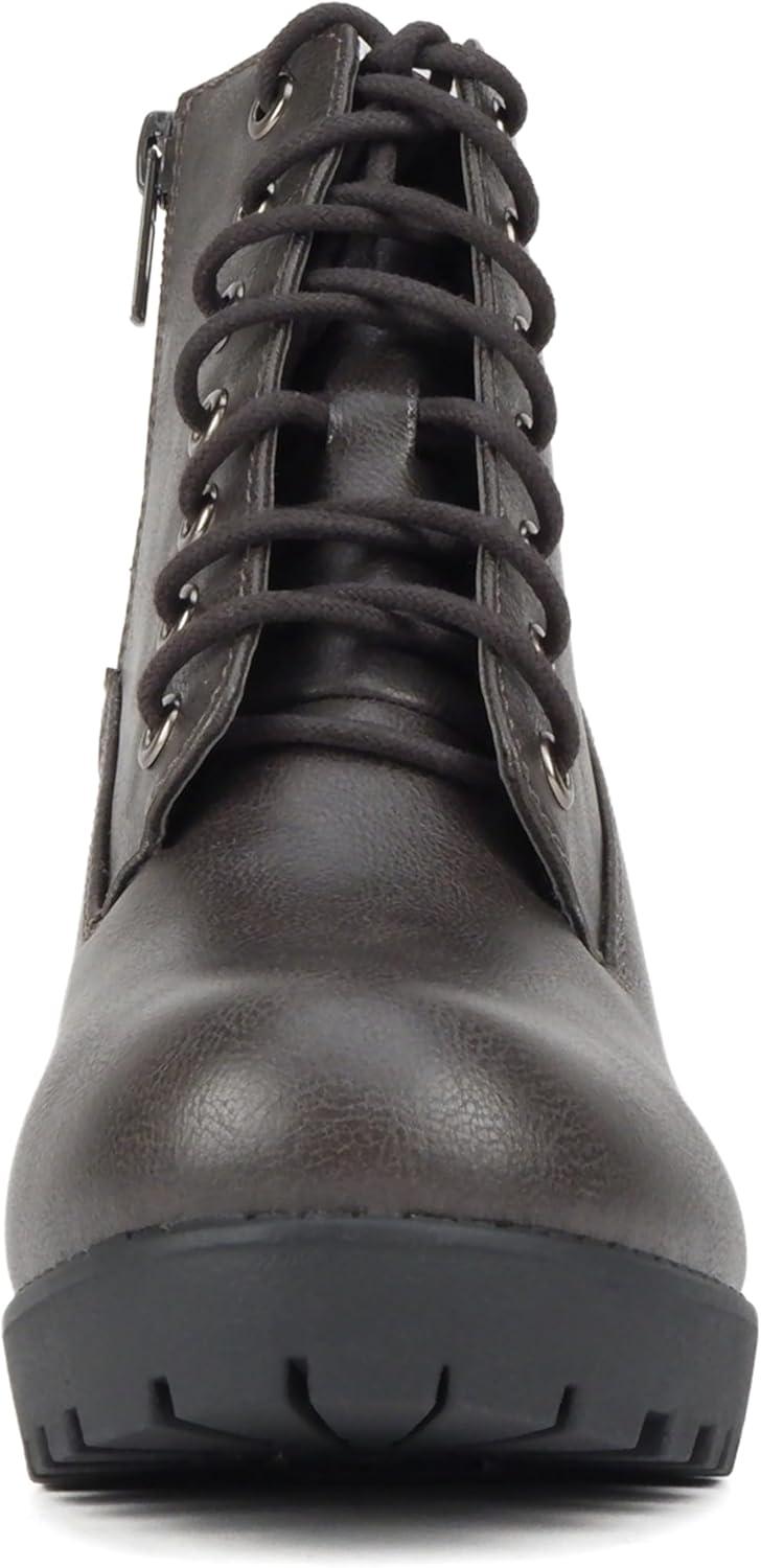 imageSoda Second Lug Sole Chunky Heel Combat Ankle Bootie Lace up wSide ZipperGrey Pu
