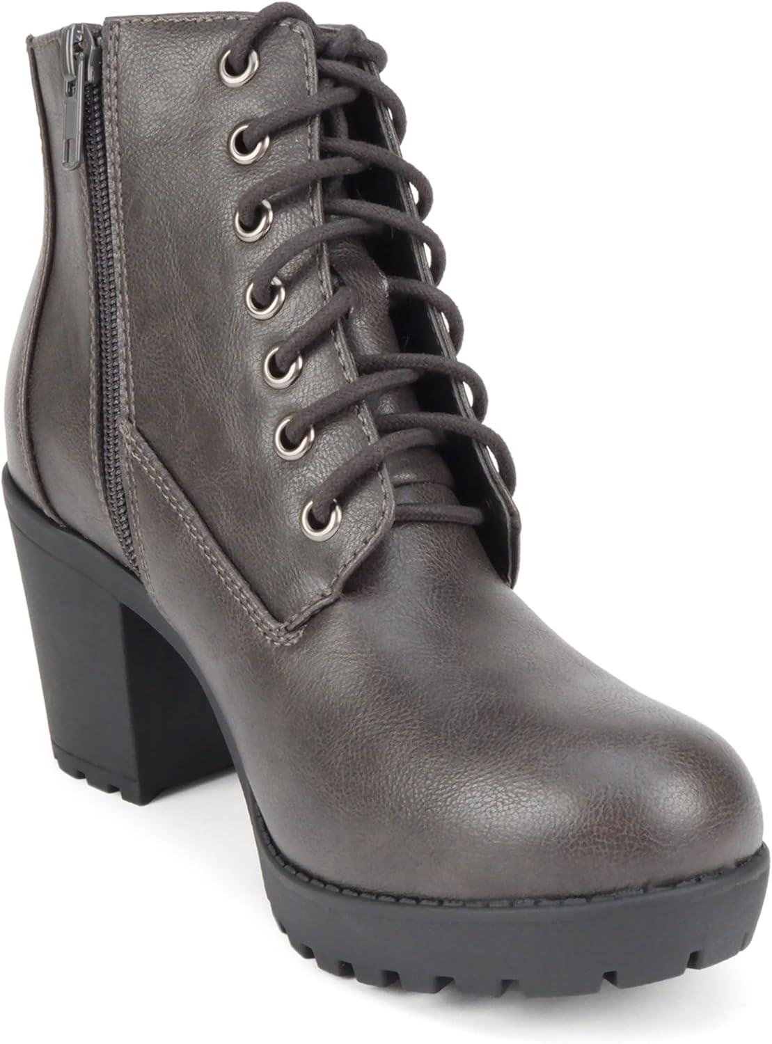 imageSoda Second Lug Sole Chunky Heel Combat Ankle Bootie Lace up wSide ZipperGrey Pu