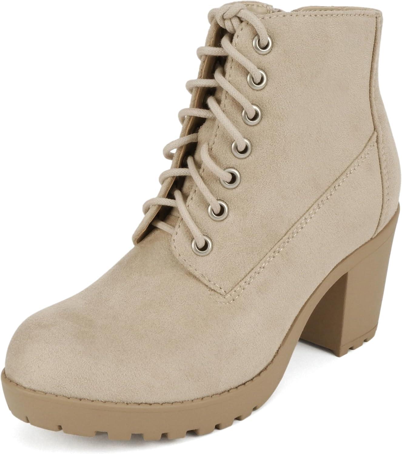 imageSoda Second Lug Sole Chunky Heel Combat Ankle Bootie Lace up wSide ZipperLt Wheat Imitation Suede