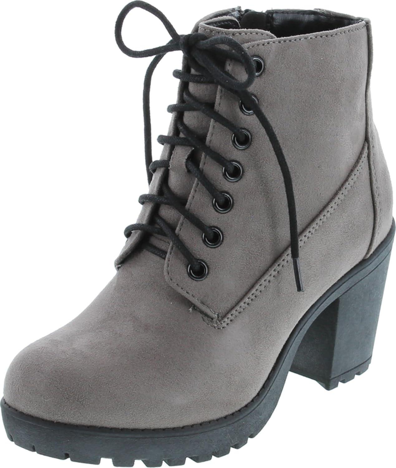 imageSoda Second Lug Sole Chunky Heel Combat Ankle Bootie Lace up wSide ZipperMgrey Imit