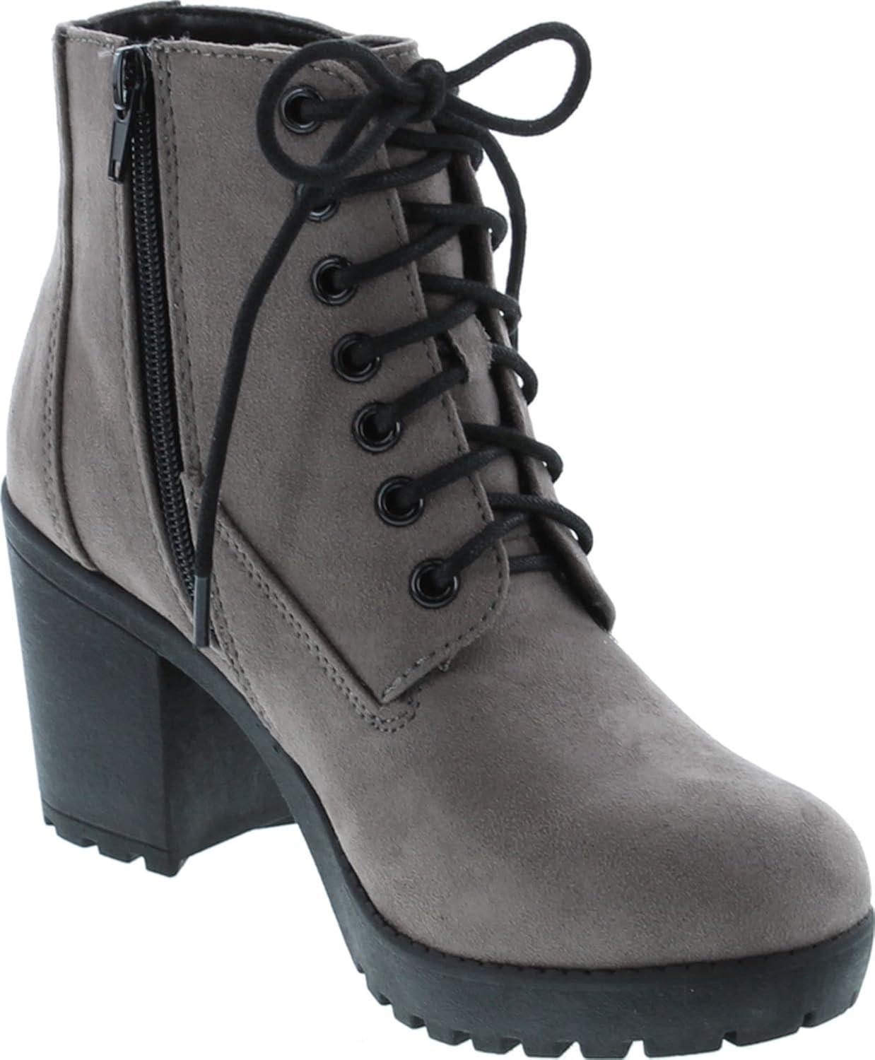 imageSoda Second Lug Sole Chunky Heel Combat Ankle Bootie Lace up wSide ZipperMgrey Imit