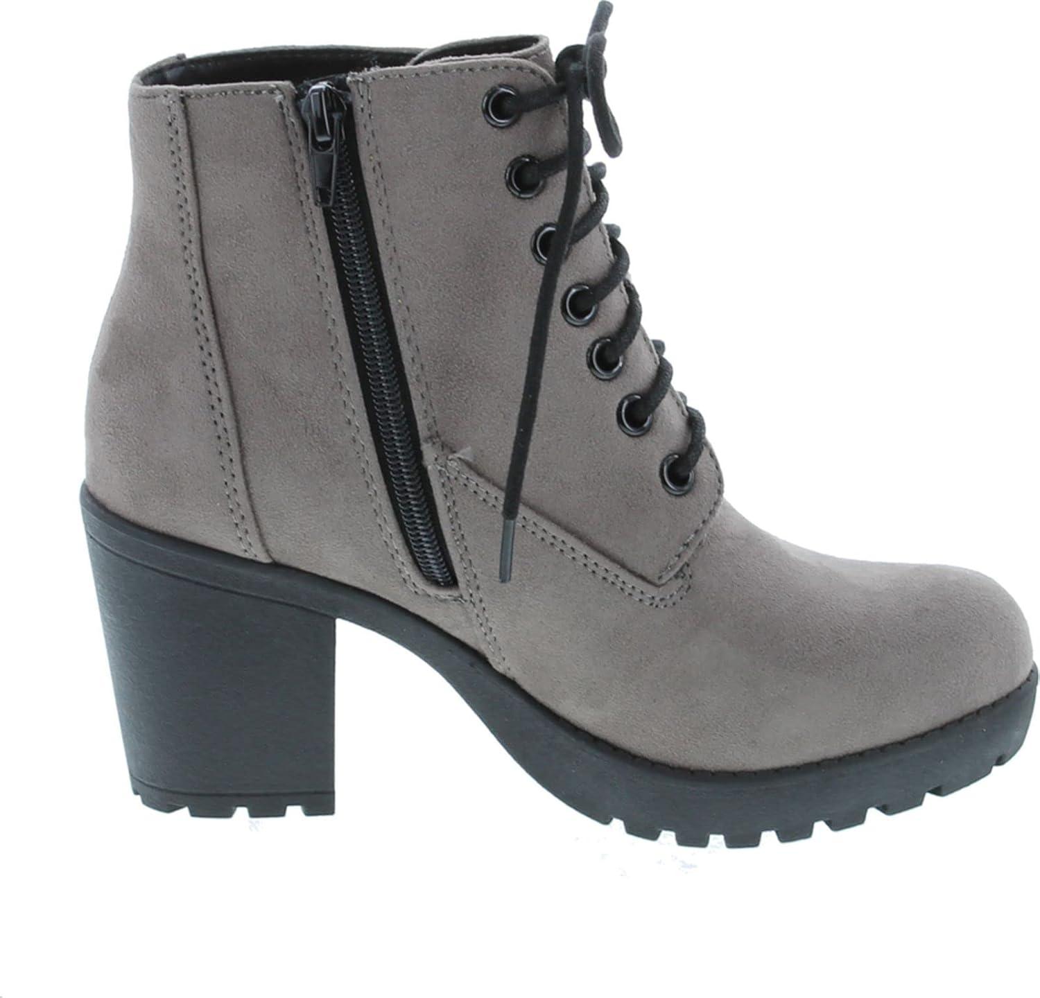 imageSoda Second Lug Sole Chunky Heel Combat Ankle Bootie Lace up wSide ZipperMgrey Imit