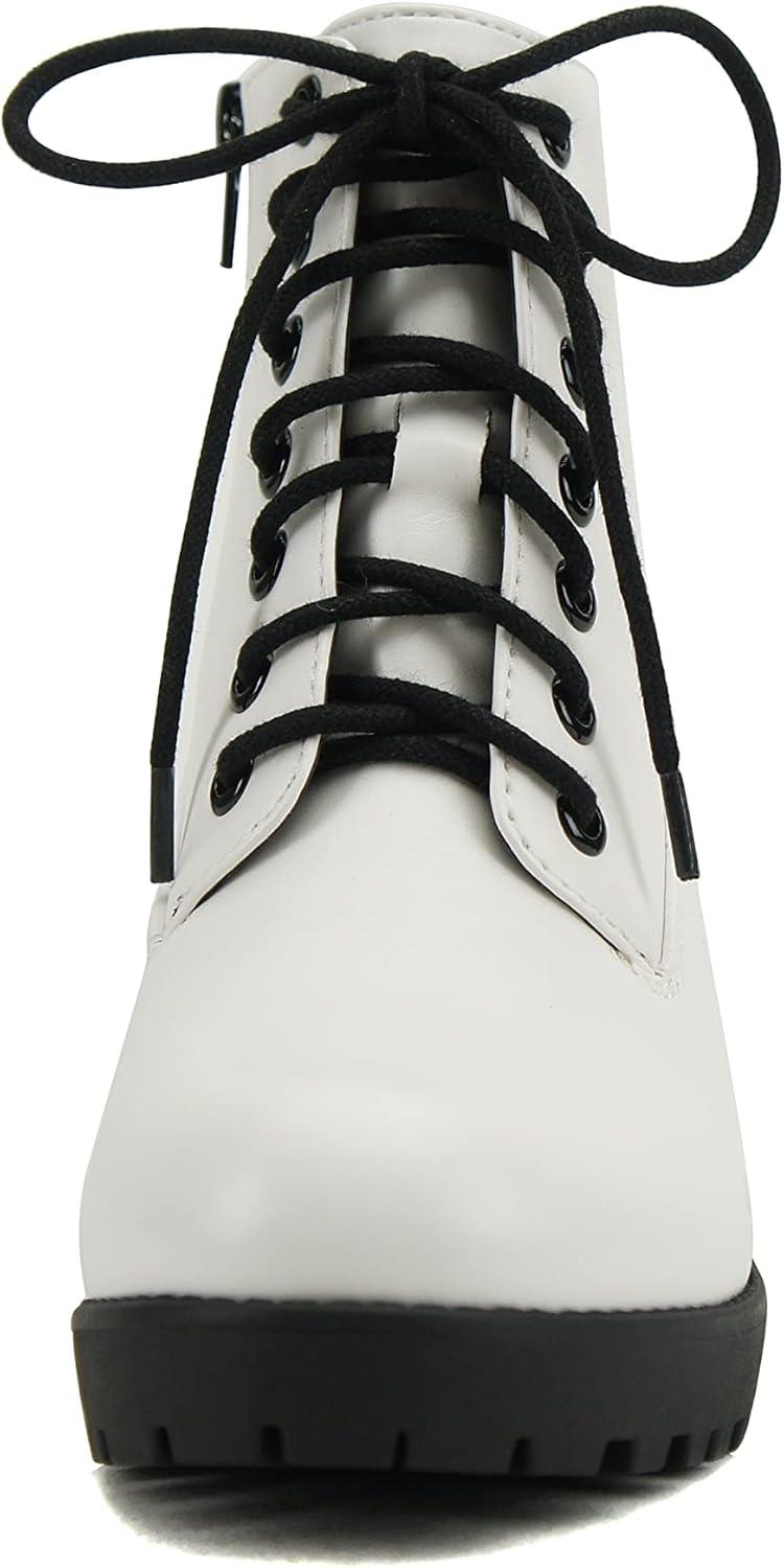 imageSoda Second Lug Sole Chunky Heel Combat Ankle Bootie Lace up wSide ZipperWhite Pu