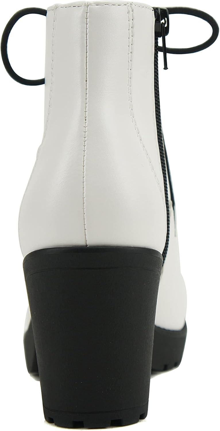 imageSoda Second Lug Sole Chunky Heel Combat Ankle Bootie Lace up wSide ZipperWhite Pu