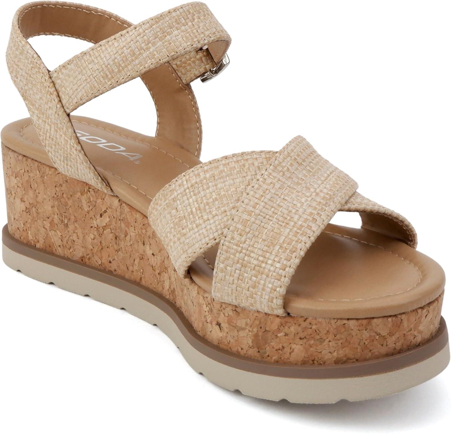 imageSoda Seville  Women Round Toe Crisscross Band Wedge Sandal with Adjustable Ankle StrapNatural Raffia