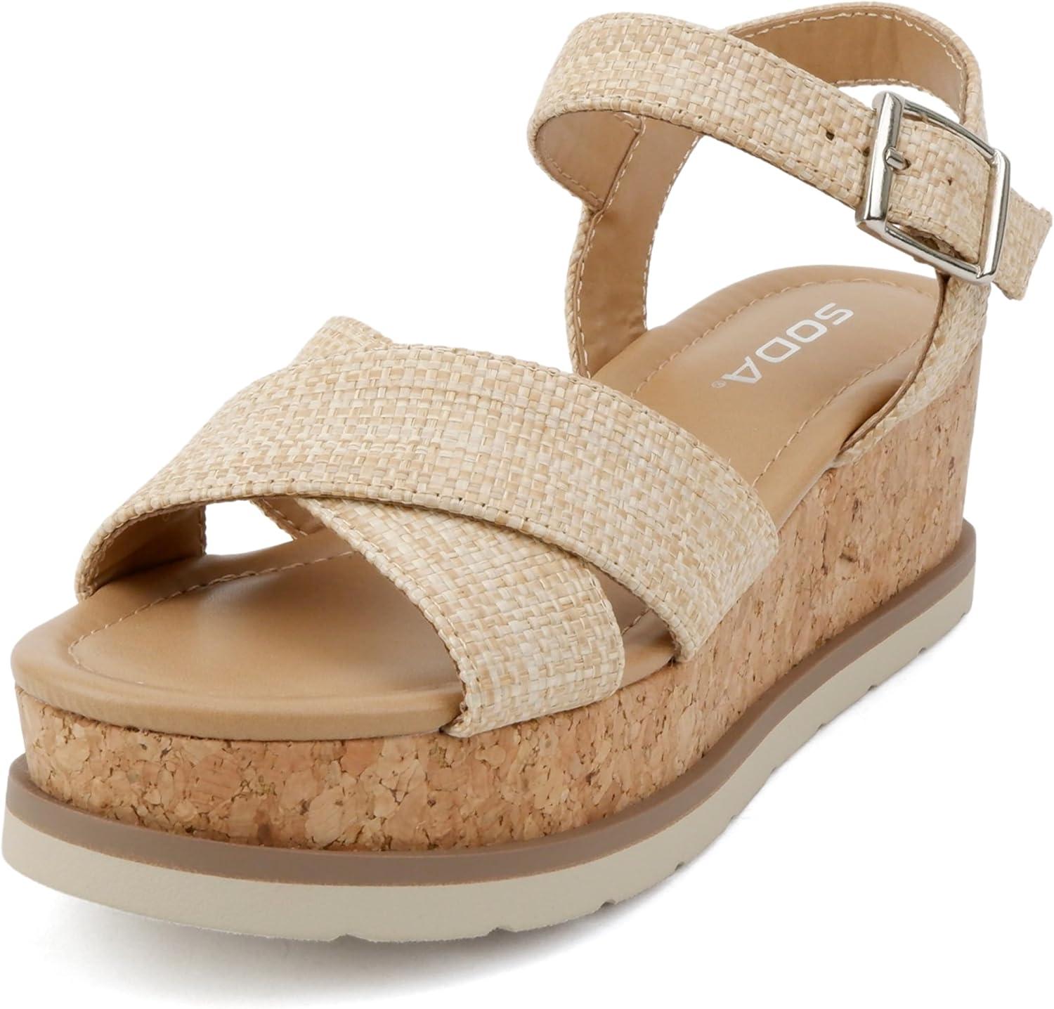 imageSoda Seville  Women Round Toe Crisscross Band Wedge Sandal with Adjustable Ankle StrapNatural Raffia