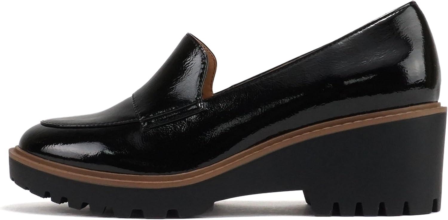 imageSoda Smart  Women Round Toe SlipOn Low Wedge Heel Lug Sole Loafer ShoeBlack Patent