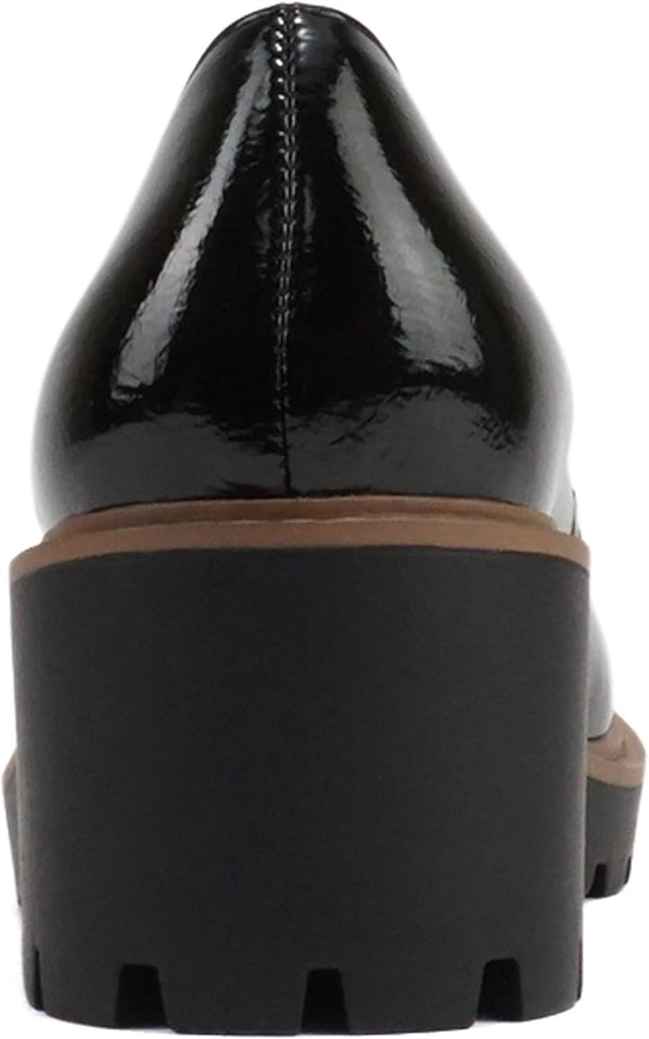 imageSoda Smart  Women Round Toe SlipOn Low Wedge Heel Lug Sole Loafer ShoeBlack Patent